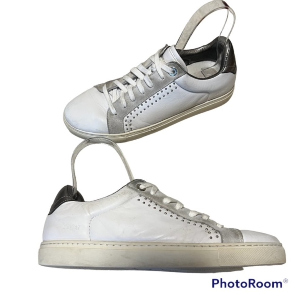 Zadig And Voltaire White&Metallic Gray Leather Sneakers Lace Up Studded Sz 8/39 - Image 3